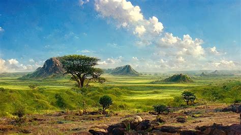 Fundo de natureza selvagem da paisagem da savana africana com rochas de árvores verdes e campo ...