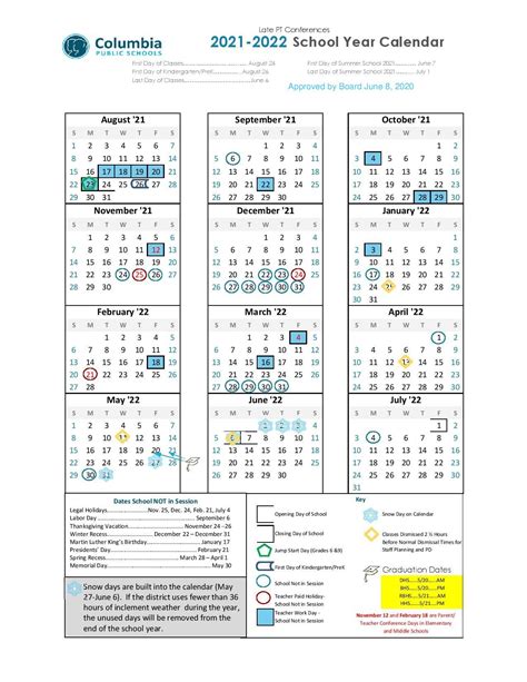 Columbia Public Schools Calendar 2021-2022 in PDF