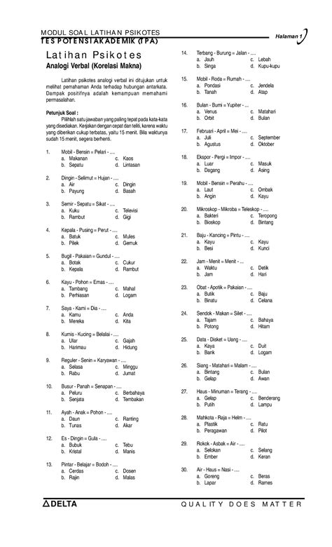 Soal psikotes PDF Analog Verbal - T E S P OT E N S I AK AD E MIK (T P A ...