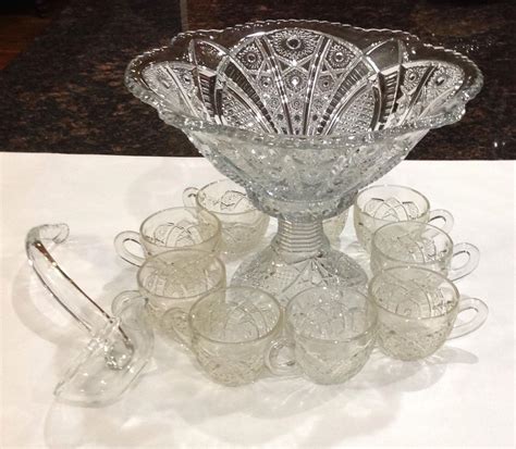 Vintage/Antique? Cut Crystal Punch Bowl, Pedestal, Glass Ladle, 9 Cups Estate | #1782747337