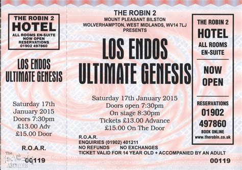 Ticket – Los Endos – The Robin 2 – Bilston – 17th January – The Genesis Archive