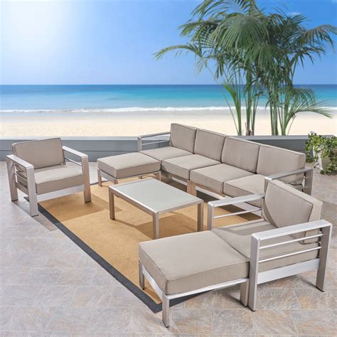 7-Piece Silver Contemporary Outdoor Furniture Patio Sectional Sofa Set - Brown Cushions ...