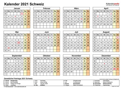 Kalenderpedia 2021 Schweiz Kalender 2021 schweiz zum ausdrucken als pdf