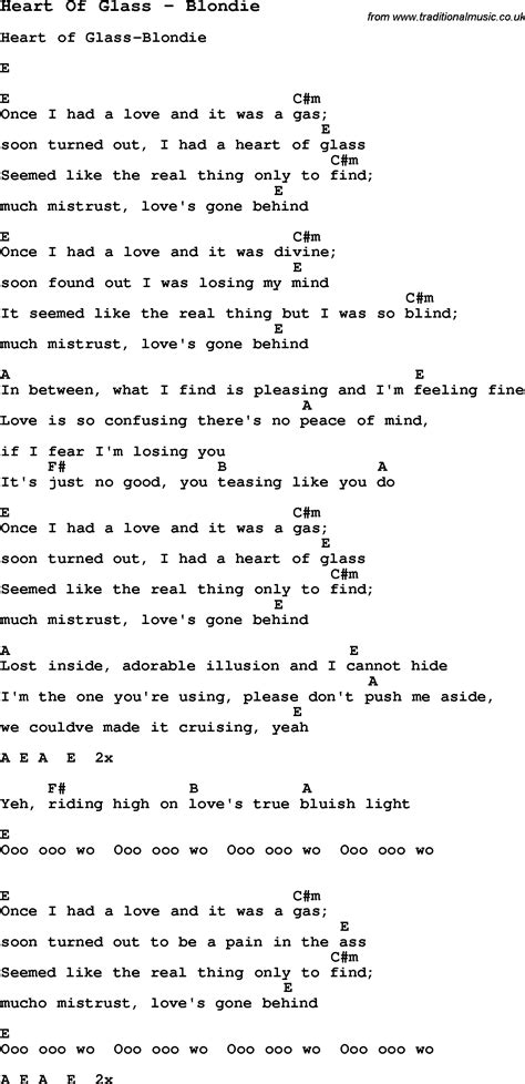 Song Heart Of Glass by Blondie, song lyric for vocal performance plus accompaniment chords for ...