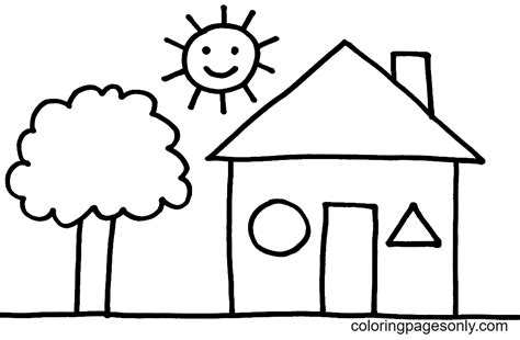 House with Sun and Tree Coloring Page - Free Printable Coloring Pages