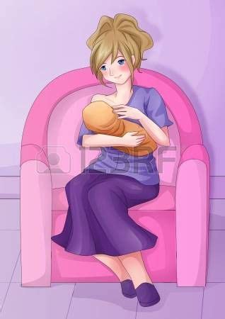 breastfeeding: Cartoon illustration of a mother breastfeeding her baby ...