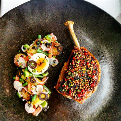 Confit duck leg with toasted seeds and pink pepper, Nicoise salad with a tomato oil, chilli and ...