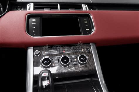 Red Luxury Modern Car Interior. Shift Lever and Dashboard. Detail of ...