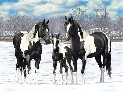 Black Paint Horses In Winter Pasture Painting by Crista Forest - Pixels