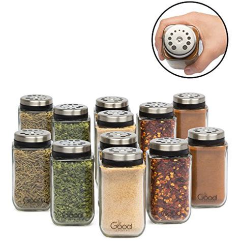 Adjustable Glass Spice Jars- Set of 12 Premium Seasoning Shaker Rub Container Tins with 6 ...