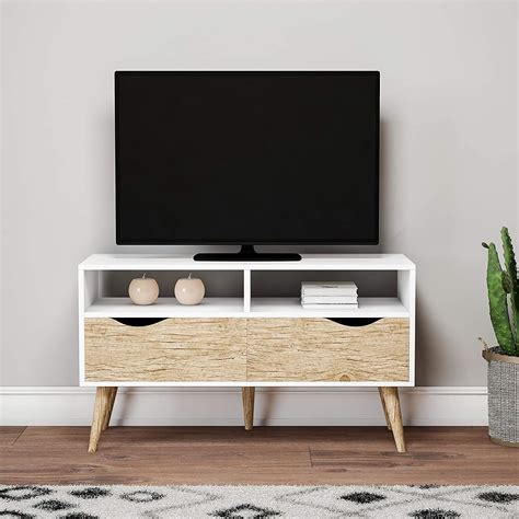 2-Shelf 2-Drawer Tv Stand - White/Beige Beige Black White Mid-Century Modern MDF Wood Finish ...