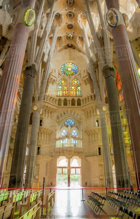 Spain, Barcelona, La sagrada familia, Interior of cathedral - Stock Photo - Dissolve