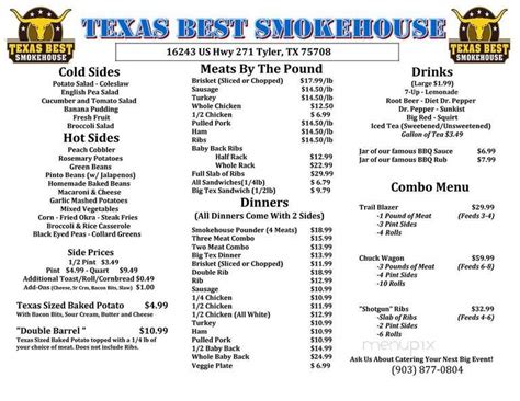 Menu of Texas Best Smokehouse in Tyler, TX 75708