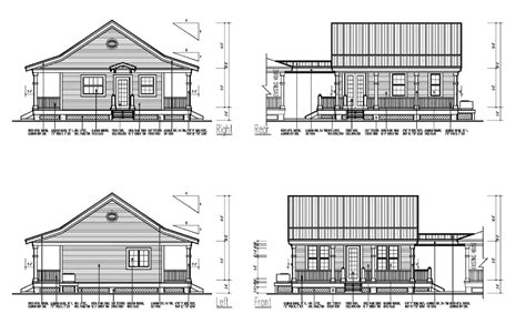 Elevation drawing of a house with detail dimension in dwg file which provides detail of front ...