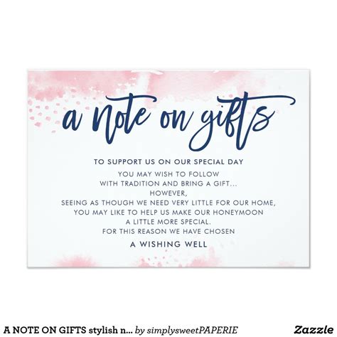 A NOTE ON GIFTS stylish navy blush pink watercolor Invitation | Zazzle | Wishing well wedding ...