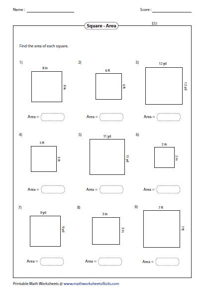 Area Of Square Worksheets