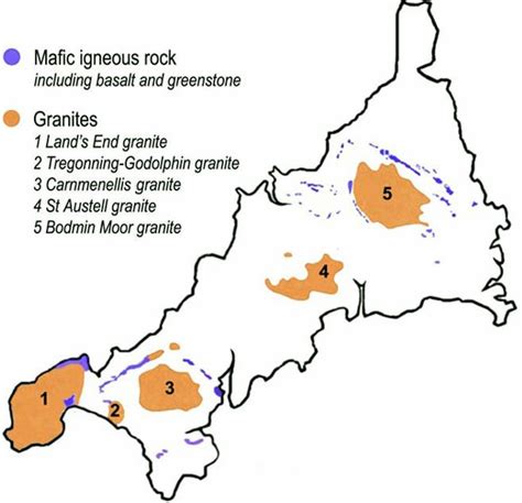 IGNEOUS ROCK | Cornwall: Map of mafic igneous rock and granite outcrops ...