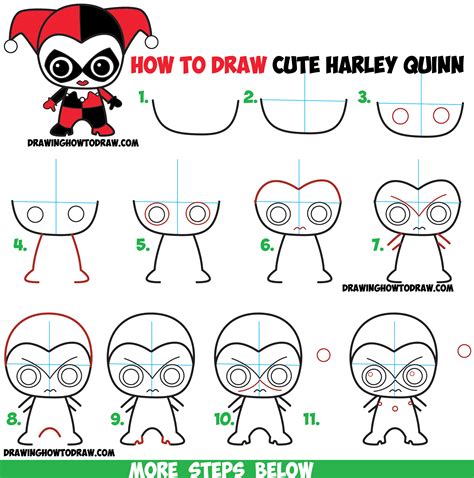 How to Draw Cute Chibi Harley Quinn from DC Comics in Easy Step by Step Drawing Tutorial for ...