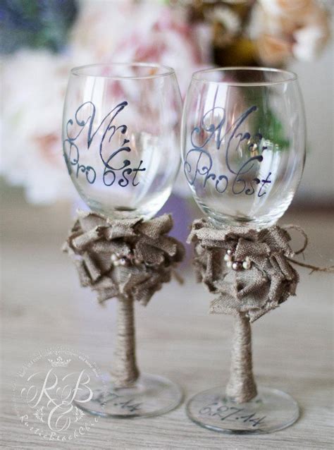 Personalized Wedding Wine Glasses / Rustic Chic Wedding Glasses With Rope, Lace / Wedding Party ...