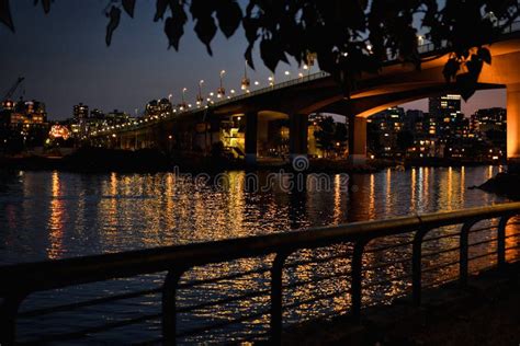 Bridge with Lights at Night. Cambie Bridge in Vancouver BC Stock Photo ...