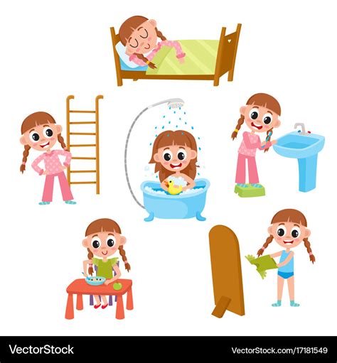 Daily morning routine set cartoon little girl Vector Image