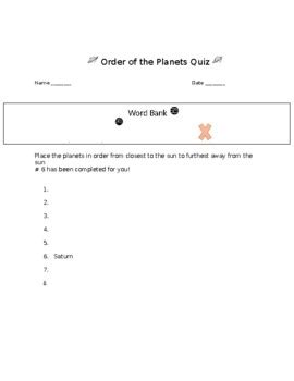 Order of the planets quiz by Emiley Cook | Teachers Pay Teachers