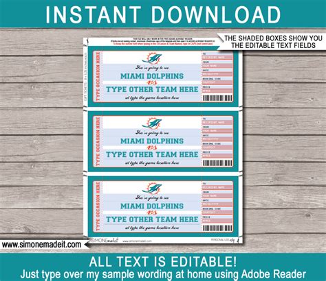 Miami Dolphins Game Ticket Gift Voucher | Printable Surprise Football ...