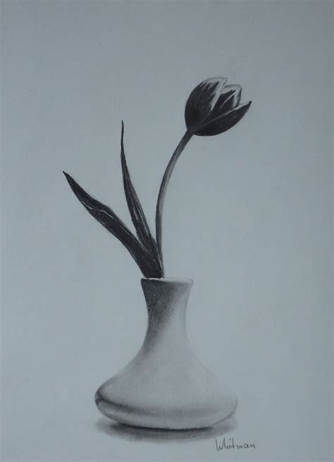 a pencil drawing of a flower in a vase