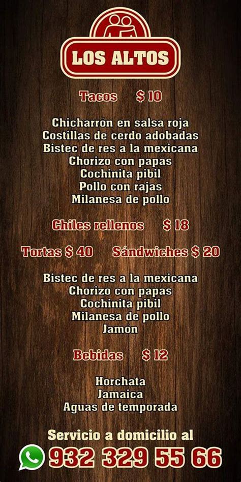 Menu at Los Altos restaurant, Pichucalco