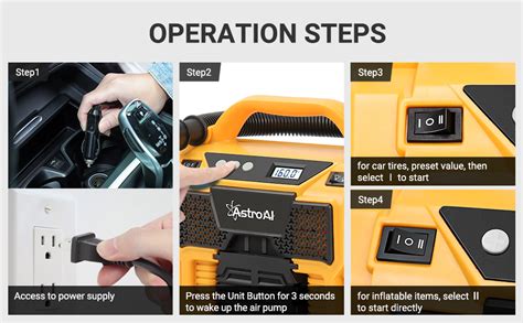 AstroAI 160 PSI Tire Inflator Air Compressor Portable Cordless Car Tire Pump Yellow 3 Power ...