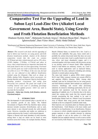 Comparative Test For the Upgrading of Lead in Sabon Layi Lead-Zinc Ore (Alkaleri Local ...