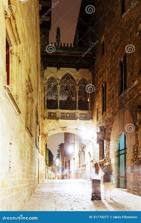 Night View of Old Street at Barrio Gotico Stock Image - Image of city ...