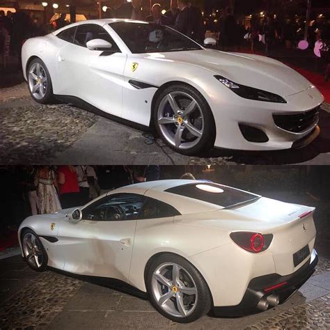 two pictures of a white sports car in different stages of being displayed at an event