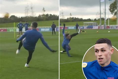 Watch Phil Foden score stunning overhead kick in England training to send team-mates wild ahead ...