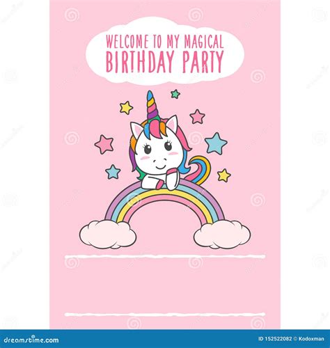 Cartoon Happy Birthday Magical Unicorn Illustration Invitation Greeting ...