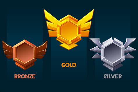 Set of game rank icons isolated. Vector bronze, silver and gold game badges buttons. Game Badges ...