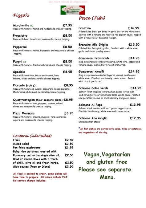 Menu at Luigi's restaurant, Nottingham, 98-100 Nottingham Rd