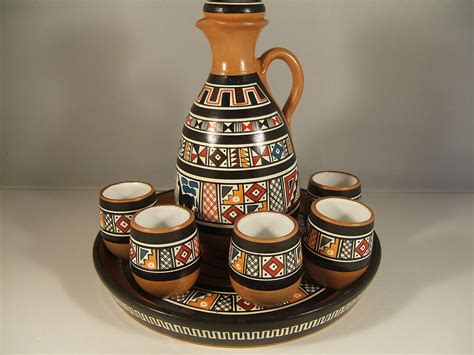 Peruvian Pottery Set Hand Painted Pitcher with Cap Five Cups