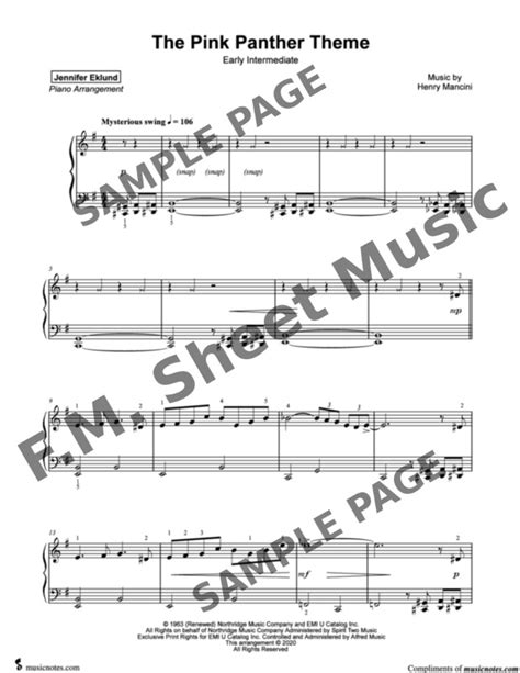 The Pink Panther Theme (Easy Piano) By Henry Mancini - F.M. Sheet Music - Pop Arrangements by ...