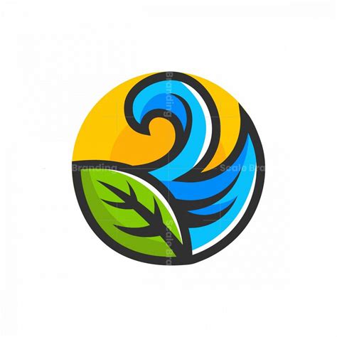 an abstract logo with leaves and water waves in the center, on a white background