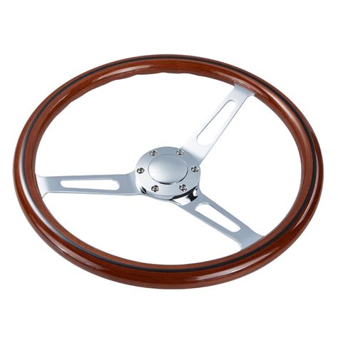 380mm Universal Classic Wooden Steering Wheel Wood Grain Trim Chrome ...