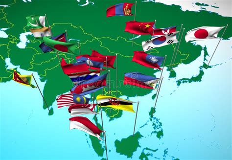 Asia Flags On Map (Southeast View) Stock Illustration - Image: 1445559