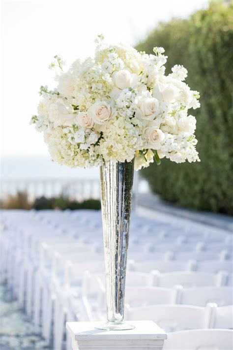 Tall White Rose and Hydrangea Centerpiece | Flower centerpieces wedding, White flower ...