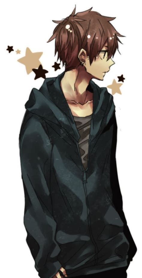 an anime boy with brown hair wearing a black hoodie and standing in front of stars