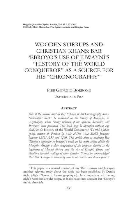 (PDF) WOODEN STIRRUPS AND CHRISTIAN KHANS: BAR ‘EBROYO’S USE OF JUWAYNĪ’S “HISTORY OF THE WORLD ...