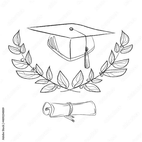 Graduation cap with diploma, laurel wreath and branch vector illustration isolated on white ...