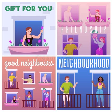 Friendly Neighborhood Posters Set, Flat Vector Illustration. Stock ...