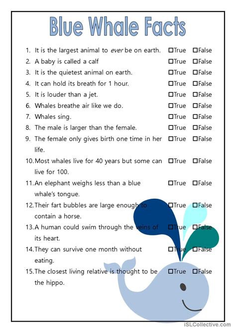 Blue Whale Facts - True or False dis…: English ESL worksheets pdf & doc