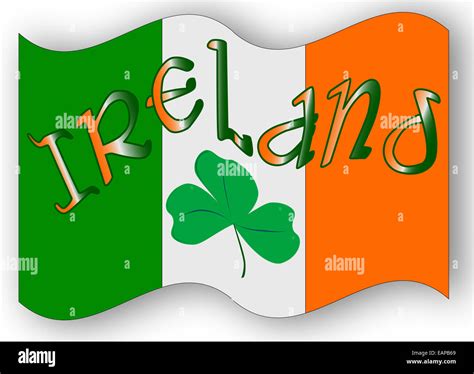 The Republic of Ireland flag with the text IRELAND and a lucky shamrock ...