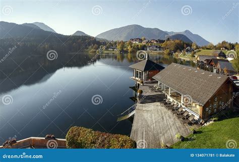 Lake Grundlsee in the Fall during the Sunrise. View of the Alps ...